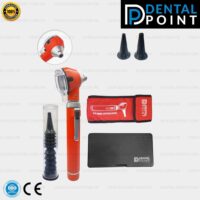 mini fibber optic led otoscope including magnification, advanced led, oto bulb used and spare plastic tips packed in pouch in red colour