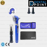 mini fibber optic led otoscope including magnification, advanced led, oto bulb used and spare plastic tips packed in pouch in blue colour