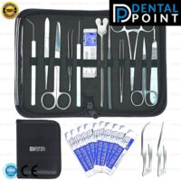 Splinter Tweezer Forceps straight and Curved, Teeth Dissecting Tissue Forceps, Blades #10 #11, Mosquito Forceps ,Operating Scissors, Iris Scissors, Teasing Needle-Plastic Handle Straight Tip and Curved Tip, Mall Probe Seeker with Curved End, Scalpel Knife Handle in Instrument Storage Portfolio with blades and storage portfolio shown down