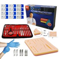 Suture Silk thread with needle Black, Non -Sterile Blue Nitrile Glove, Scalpel blades #10 #11 #20, Iris Scissor, Mosquito Forceps Straight and Curved, Teeth Tissue Forceps, Splinter Tweezers Forceps Curved and straight, Scalpel Knife Handle # 4 # 3, Groove Director, Teasing Needle Straight Point and Curve Point, Dissecting Spatula, Straight needle arrow point, Suture Pad 3, Magnifying glass, Free Case in packing box