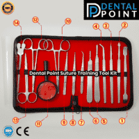 Suture Silk thread with needle Black, Non -Sterile Blue Nitrile Glove, Scalpel blades #10 #11 #20, Iris Scissor, Mosquito Forceps Straight and Curved, Teeth Tissue Forceps, Splinter Tweezers Forceps Curved and straight, Scalpel Knife Handle # 4 # 3, Groove Director, Teasing Needle Straight Point and Curve Point, Dissecting Spatula, Straight needle arrow point, Magnifying glass in leather case