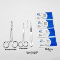 Iris Scissor, Needle Holder 5.5", Scalpel Handle #3, Surgical Blade and four Silk Suture