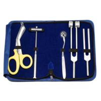 Brass made Buck Hammer, pinwheel, yellow trauma shear scissors, Turning Fork C128 with fixed weights and Tuning Fork C512 in leather case
