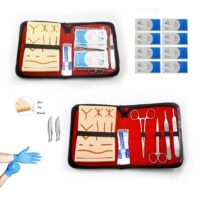 needle holder, iris scissor, Adson forceps, scalpel handle, 8 silk sutures, gloves, blades, suture pad with its features shown in leather case with silk sutures blades and hands with gloves shown