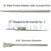 mall probe seeker with curved end, scalpel knife handle no 3 and groove director with names shown
