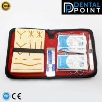 needle holder, iris scissor, Adson forceps, scalpel handle, 8 silk sutures, gloves, blades, suture pad with its features shown in leather case