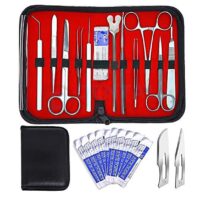 Operating Scissors, Mosquito Forceps, Iris Scissors, Splinter Tweezer Forceps, Teeth Dissecting Tissue Forceps, Splinter Tweezer Forceps Curved, Straight Tip and Curved Tip Teasing Needle-Plastic Handle, Mall Probe Seeker with Curved end, Scalpel Knife Handle, Groove Director, Scalpel Blades and Carrying Case