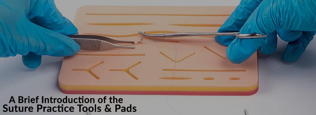 a man holding forceps and scalpel and practicing on regular suture pad
