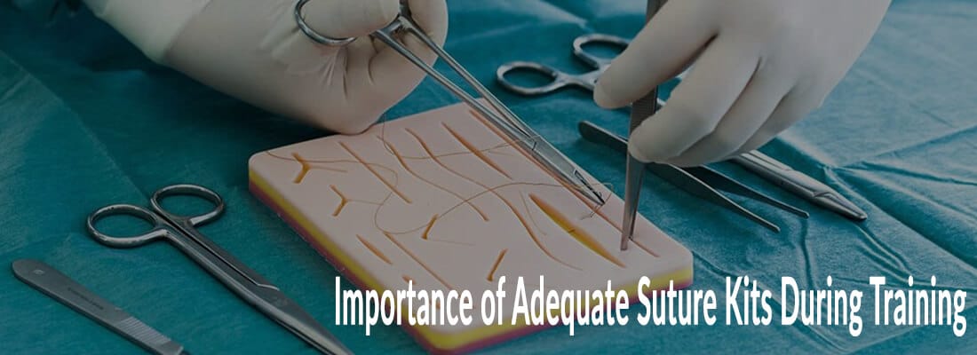 suture pad with doctor stitching using tweezer and forceps with suture surgical instruments around